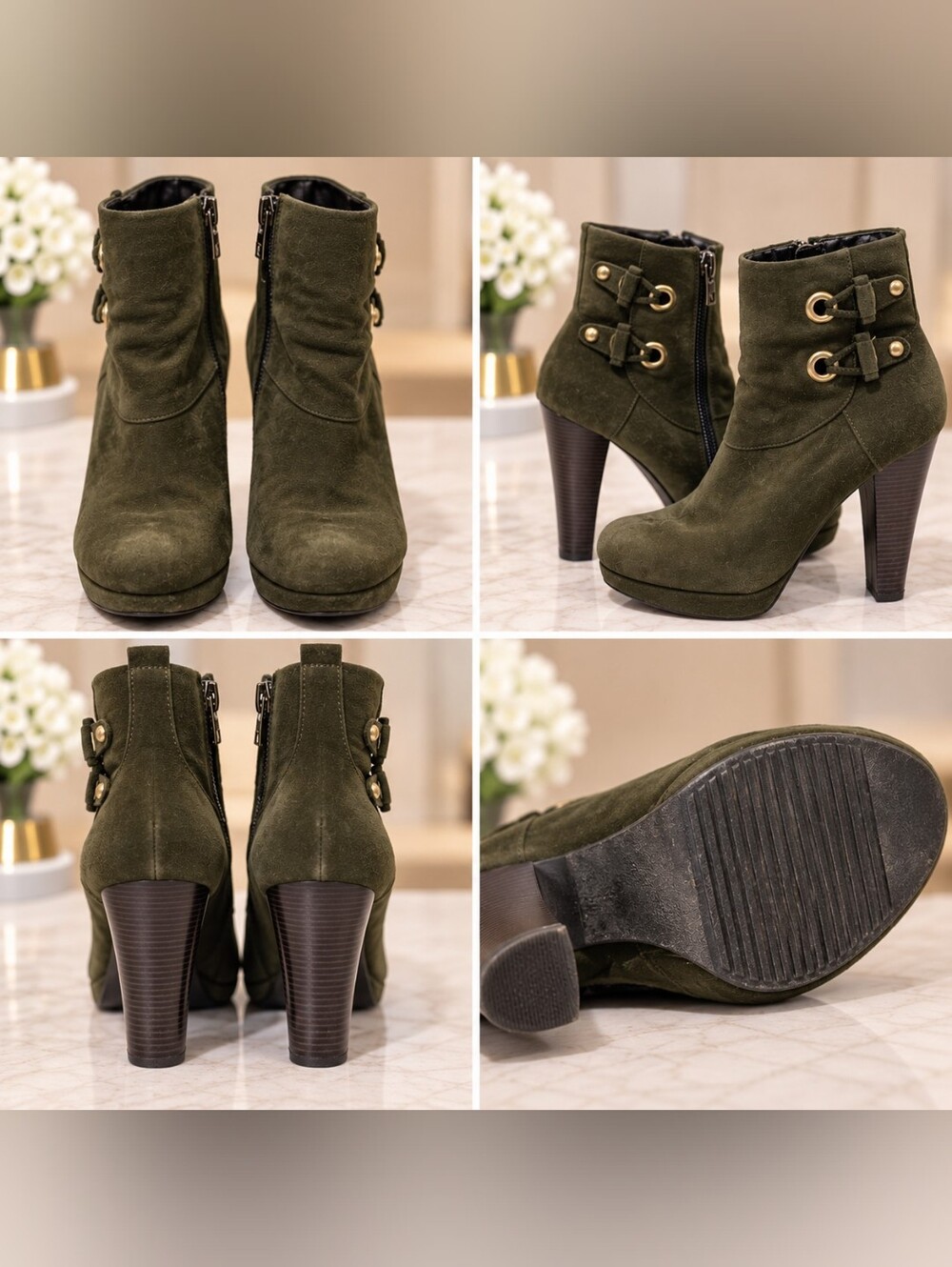 Limelight Olive Green Suede Platform Ankle Boots Size 8